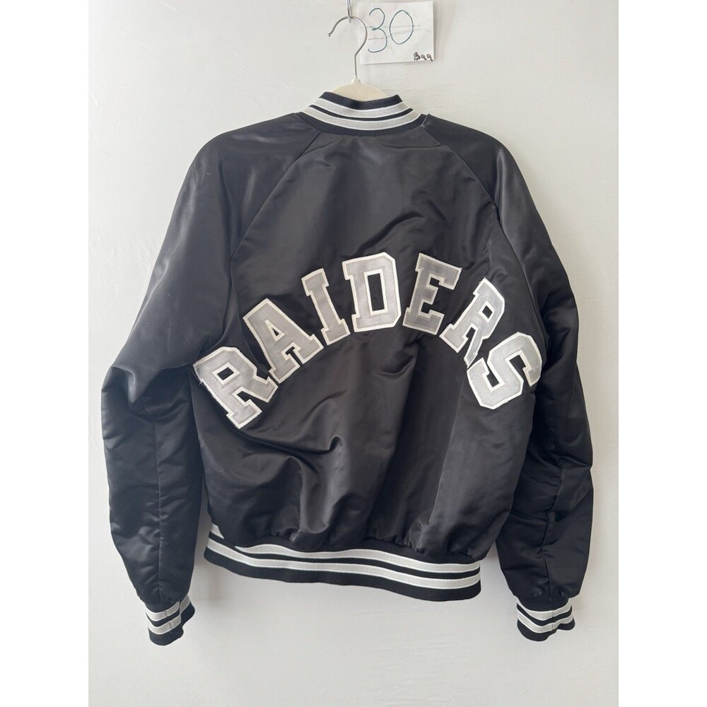 🔥Vintage Chalk Line Oakland Raiders Satin Jacket USA Silver Snap Bomber Size M
